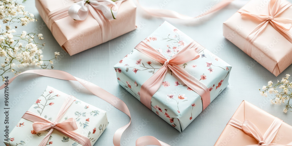 A serene background with gifts wrapped in soft, pastel-colored paper, decorated with delicate floral patterns, placed on a light, textured surface with gentle, flowing ribbons. A serene background with gifts wrapped in soft, pastel-colored paper, decorated with delicate floral patterns, placed on a light, textured surface with gentle, flowing ribbons.