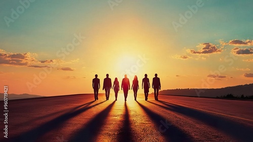 Silhouetted figures against a stunning sunset, creating a dramatic scene of unity and inspiration on a quiet road.