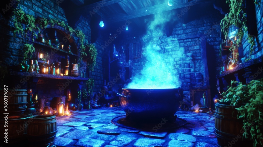 A Cauldron of Blue Smoke in a Mystical Stone Room A Cauldron of Blue Smoke in a Mystical Stone Room