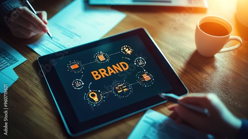 Tablet displaying brand strategy concepts with hands and documents in a modern workspace, highlighting teamwork and creativity.