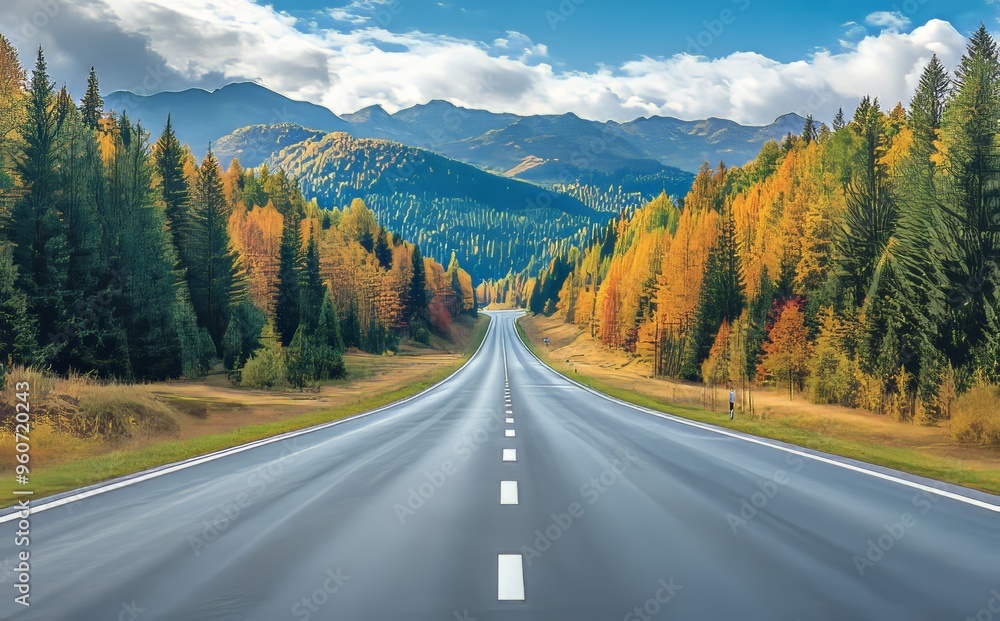 Fototapeta premium In autumn, turn onto the forest road