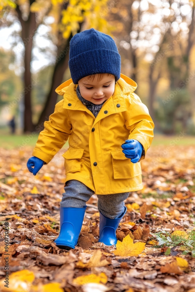 Autumn park with little boy holding maple leaf. Fall scene. Autumn park with little boy holding maple leaf. Fall scene.