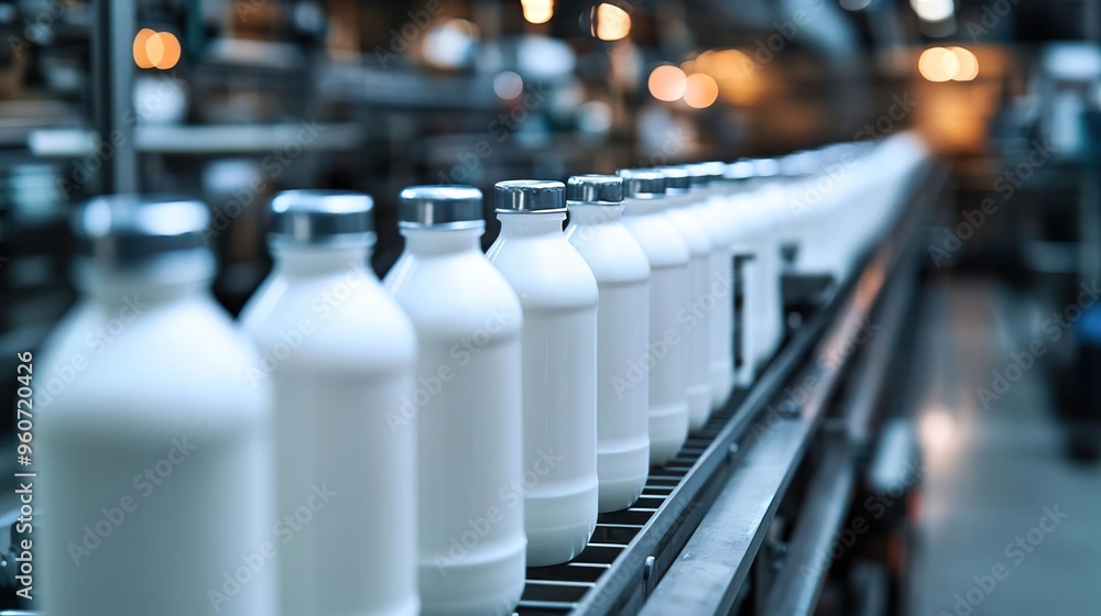 Rows of milk bottles on a production line, showcasing an efficient dairy processing system in a modern factory. Rows of milk bottles on a production line, showcasing an efficient dairy processing system in a modern factory.