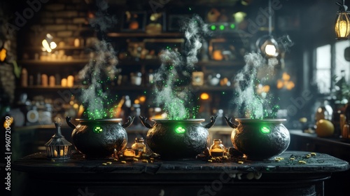 Three Cauldrons of Glowing Green Potion in a Dark Room