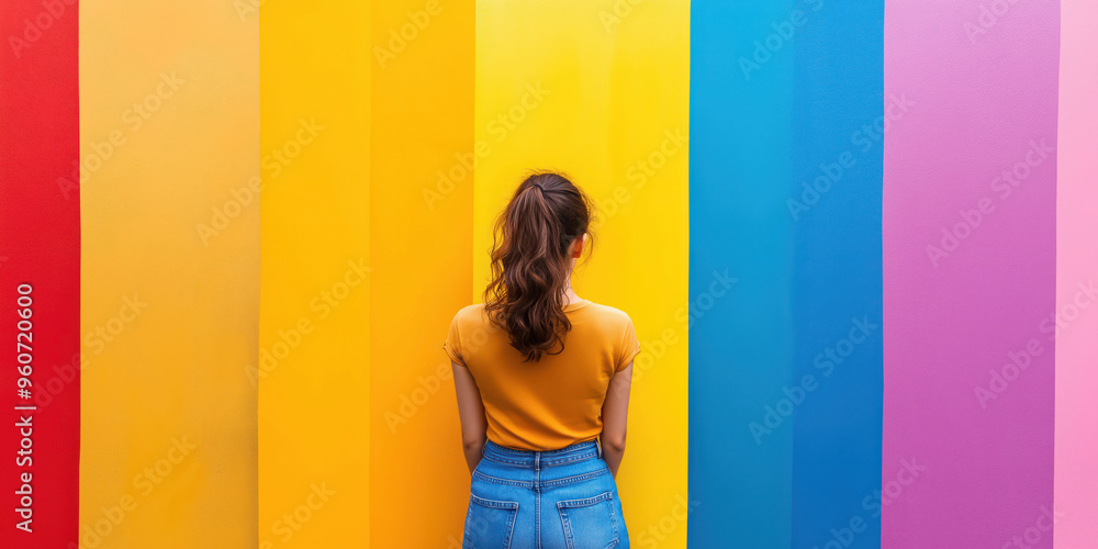 Fototapeta premium Young woman standing against colorful rainbow wall for vibrant and creative expression
