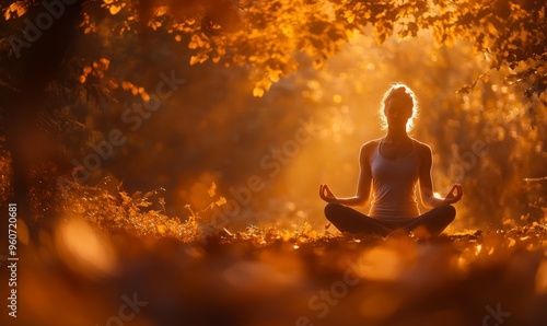 The autumn forest is filled with a young woman performing yoga at sunrise.