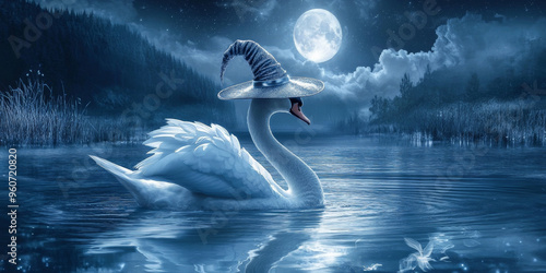 A graceful swan gliding across a moonlit lake, wearing an elegant witch hat with a silver ribbon. photo