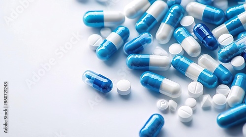 A collection of blue and white capsules and tablets, representing pharmaceutical products and healthcare solutions.