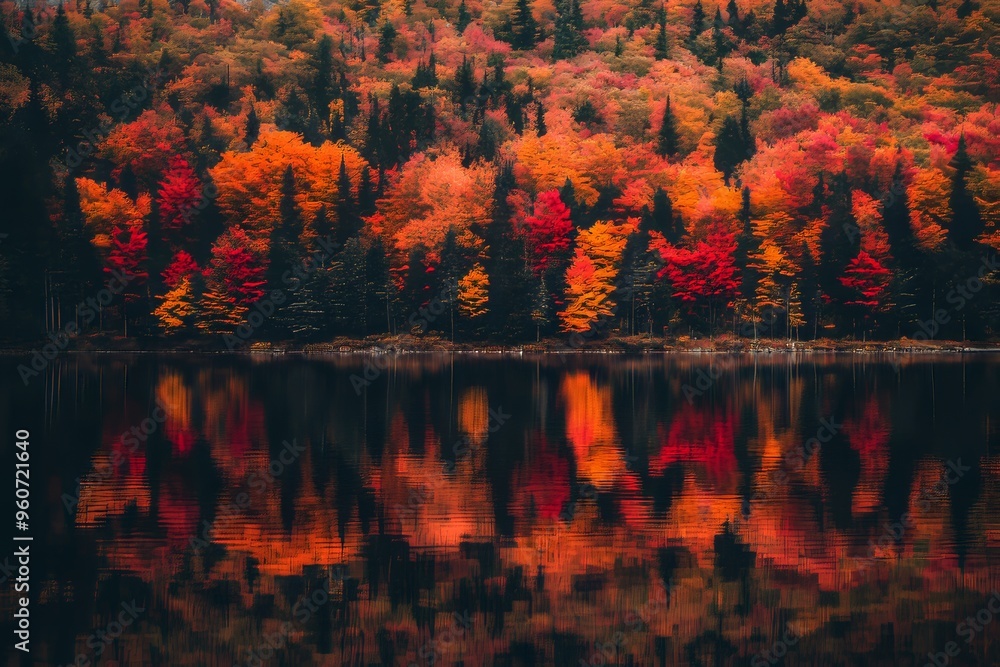 Obraz premium An autumn scene with water reflections along the Sherando Lake within the George Washington National Forest in Lyndhurst, Virginia (USA).