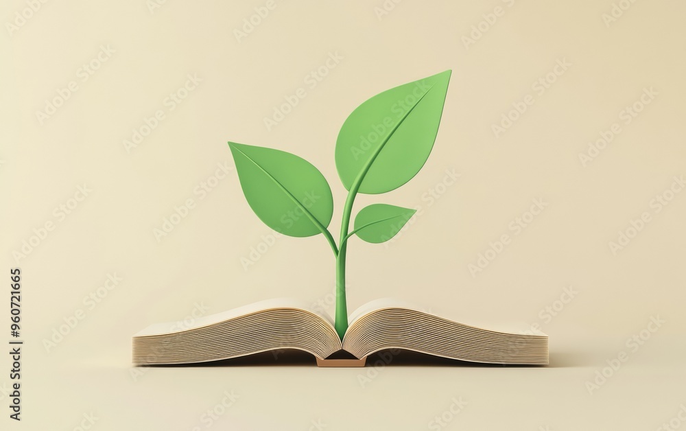 3D visual of a small green plant emerging from an open book on pastel background – sustainability, education, modern design 3D visual of a small green plant emerging from an open book on pastel background – sustainability, education, modern design