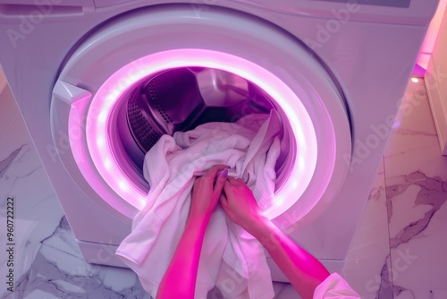 Woman loads white laundry into a modern washing machine with a bright pink backlight in a stylish home laundry room. Close-up