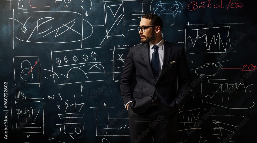 A businessman standing confidently in front of a chalkboard filled with charts and diagrams, representing innovation and strategy. A businessman standing confidently in front of a chalkboard filled with charts and diagrams, representing innovation and strategy.