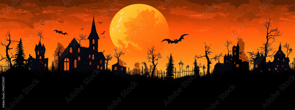 Halloween 2021. City panorama in halloween style. Scary halloween isolated background. Orange and yellow background. Vector illustration. Halloween 2021. City panorama in halloween style. Scary halloween isolated background. Orange and yellow background. Vector illustration.