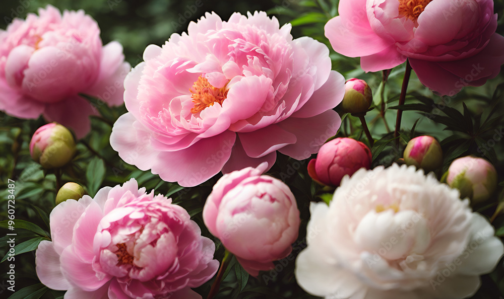 A blooming garden of peonies with bright colors against a backdrop of greenery A blooming garden of peonies with bright colors against a backdrop of greenery