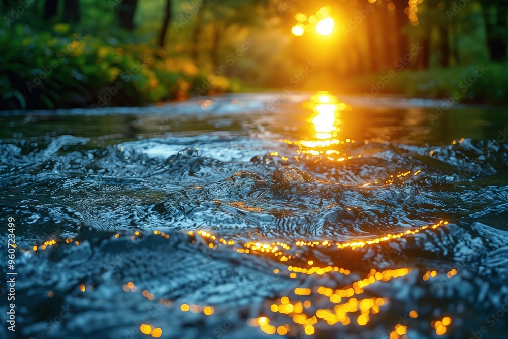 Rapid current of clean forest river, close up. Water ripples reflect warm rays of setting sun. Lush forest greenery and trees in blurred background. Concept of clean rivers and lakes Rapid current of clean forest river, close up. Water ripples reflect warm rays of setting sun. Lush forest greenery and trees in blurred background. Concept of clean rivers and lakes