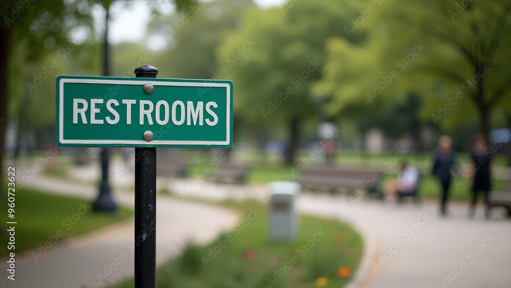 Public Park Restrooms Sign with Nature Background Public Park Restrooms Sign with Nature Background
