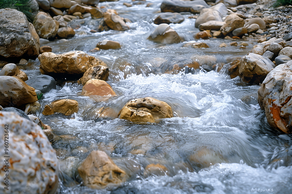 Mountain river moves rapidly through stones, clear water foams. Natural, refreshing feeling of clean rivers and lakes. Water purification action concept Mountain river moves rapidly through stones, clear water foams. Natural, refreshing feeling of clean rivers and lakes. Water purification action concept