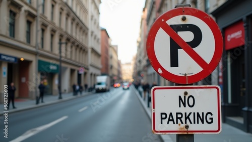 Urban Street Scene with No Parking Sign