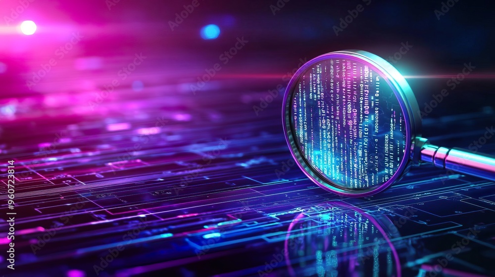 A futuristic magnifying glass analyzing digital data on a glowing circuit background, symbolizing technology and innovation. A futuristic magnifying glass analyzing digital data on a glowing circuit background, symbolizing technology and innovation.