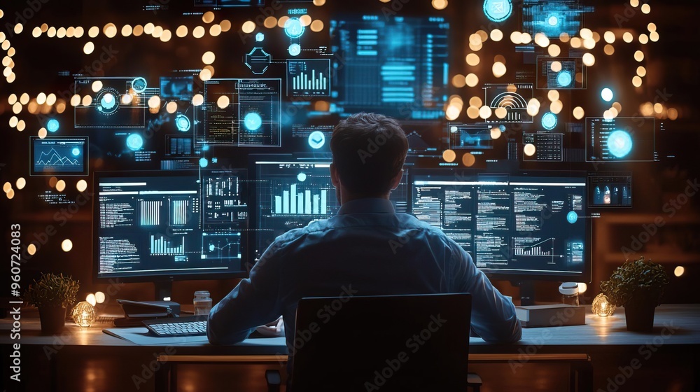 A person analyzes data on multiple screens in a modern workspace with glowing visuals and technological elements. A person analyzes data on multiple screens in a modern workspace with glowing visuals and technological elements.