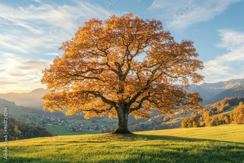 With leaves covered on the lawn at the top of the mountain, a single healthy strong tree stands out with the sun beams shining through its branches and a blue sky behind it.