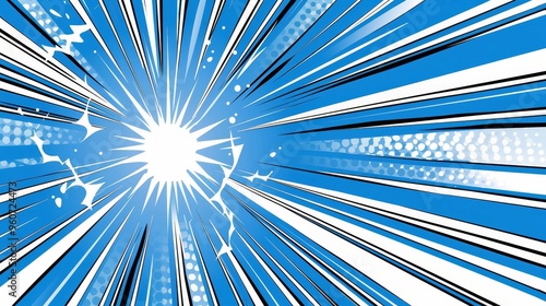 A blue and white comic book style image of a bright light with a white sun in th