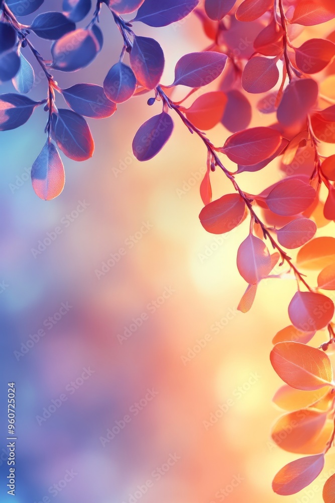 Obraz premium On a blurred background are red leaves on a branch with ripening barberry fruits. Colorful autumn leaves on a barberry bush. Copy space.