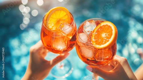 Outside, a close-up of hands holding spritz beverages decorated with ice cubes and orange slices, signifying pleasure and relaxation.