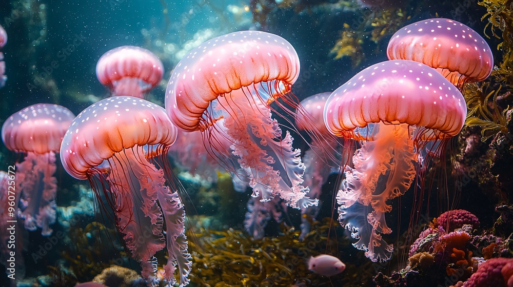 A wondrous underwater garden with giant, bioluminescent jellyfish floating among colorful coral reefs A wondrous underwater garden with giant, bioluminescent jellyfish floating among colorful coral reefs