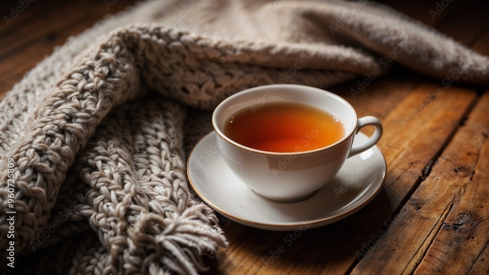 Cup of hot tea with cozy knitted blanket on wooden table, autumn vibes Cup of hot tea with cozy knitted blanket on wooden table, autumn vibes