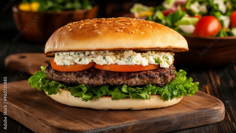 Greek-style burger with lamb patty, fresh cucumber, and red onion on empty wooden table Greek-style burger with lamb patty, fresh cucumber, and red onion on empty wooden table