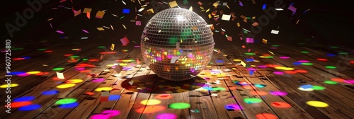 A colorful disco ball is surrounded by confetti photo