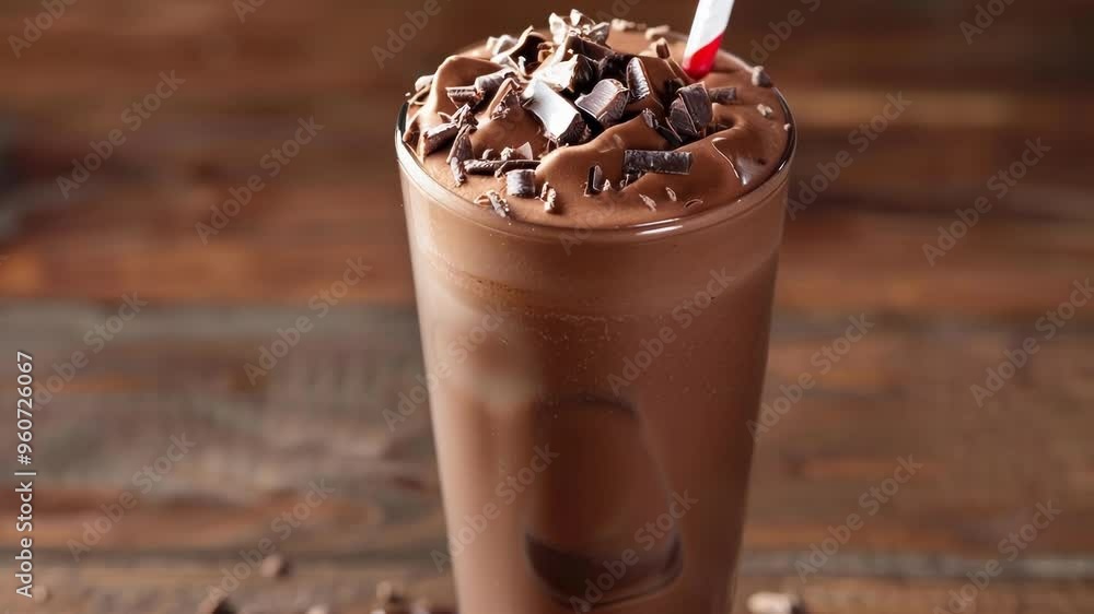 Indulge in a creamy chocolate milkshake with whipped cream and shavings on a rustic wooden table, perfect for satisfying your sweet tooth on a hot summer day Indulge in a creamy chocolate milkshake with whipped cream and shavings on a rustic wooden table, perfect for satisfying your sweet tooth on a hot summer day