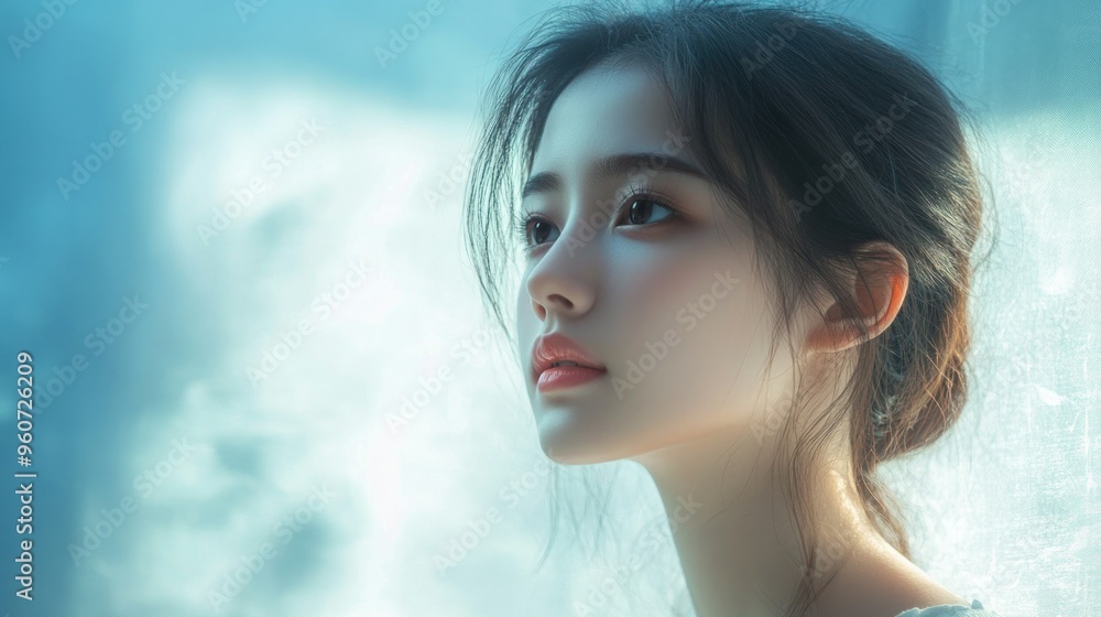 Young Woman with Long Dark Hair Looking Away from the Camera Young Woman with Long Dark Hair Looking Away from the Camera