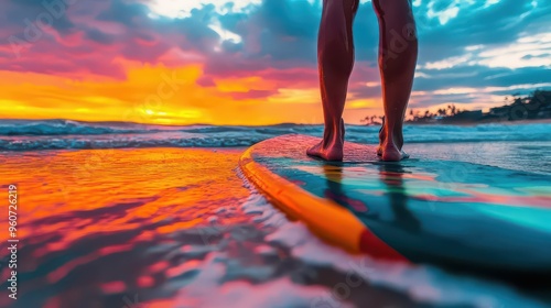 serene beach scene with paddleboarders legs and vibrant surfboard at sunset photo