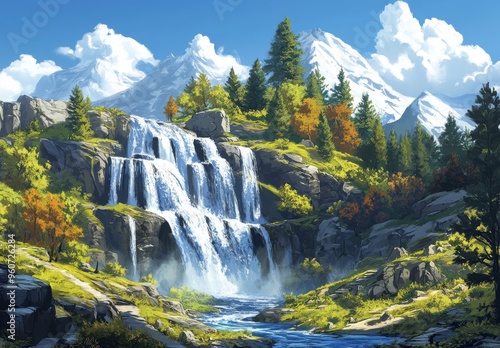Fall landscape with yellow trees and waterfalls