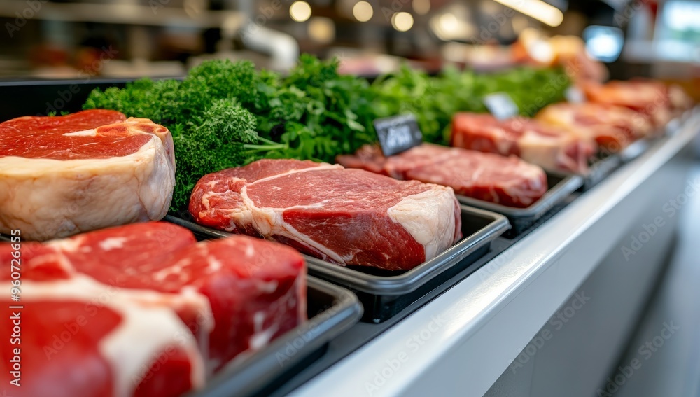 Close-Up Shot Of Meat In Display Case At Grocery Store With Various Cuts Like Ribeye Steaks Close-Up Shot Of Meat In Display Case At Grocery Store With Various Cuts Like Ribeye Steaks