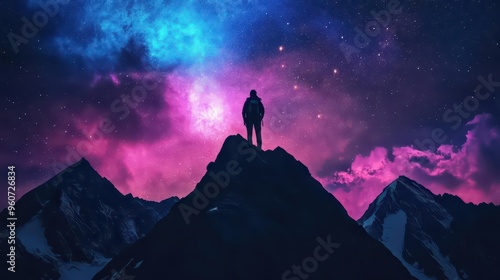 silhouetted hiker atop mountain peak merging with cosmic sky