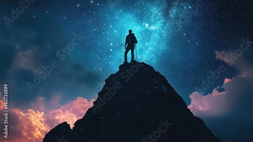 silhouetted hiker atop mountain peak merging with cosmic sky