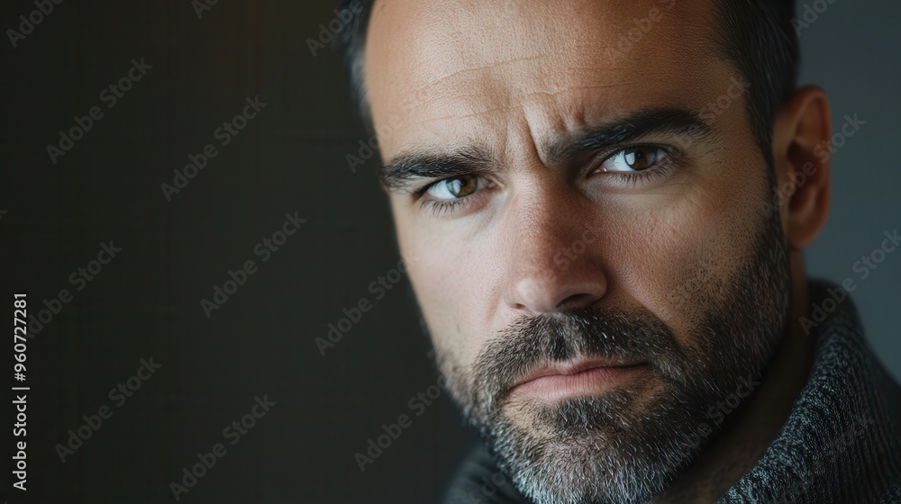 Obraz premium A man appears deep in thought, showcasing a serious demeanor in a soft-lit indoor space. Generative AI