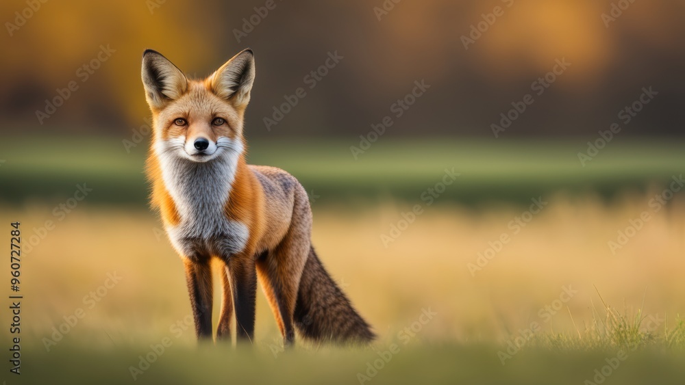 A red fox stands alert in a golden-lit field with tall grass facing the camera directly. A red fox stands alert in a golden-lit field with tall grass facing the camera directly.