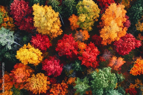 An amazing autumn forest with red and orange leaves, Livaditis Xanthi National Park, Greece.