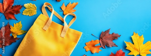 Composition of autumn flat lay leaves in blue shopping bag against yellow background. Top view. Copy space.