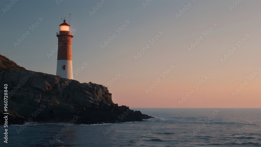 A serene scene of a lighthouse bathed in the warm glow of the setting sun, with the ocean stretching out to the horizon A serene scene of a lighthouse bathed in the warm glow of the setting sun, with the ocean stretching out to the horizon