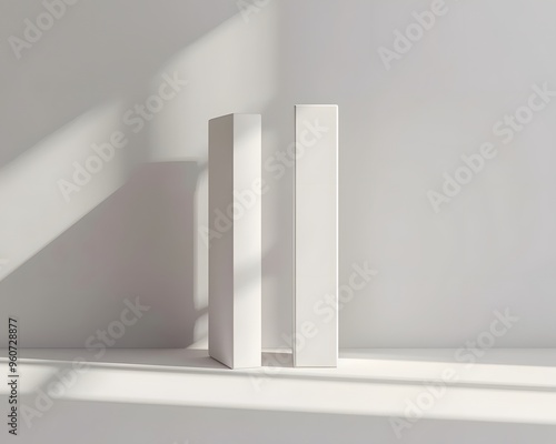 A side view 3D render of a white, modern bookend set on a plain background. photo