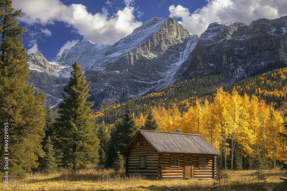 A wooden hut in autumn forest with the Assiniboine mountain in the background A wooden hut in autumn forest with the Assiniboine mountain in the background