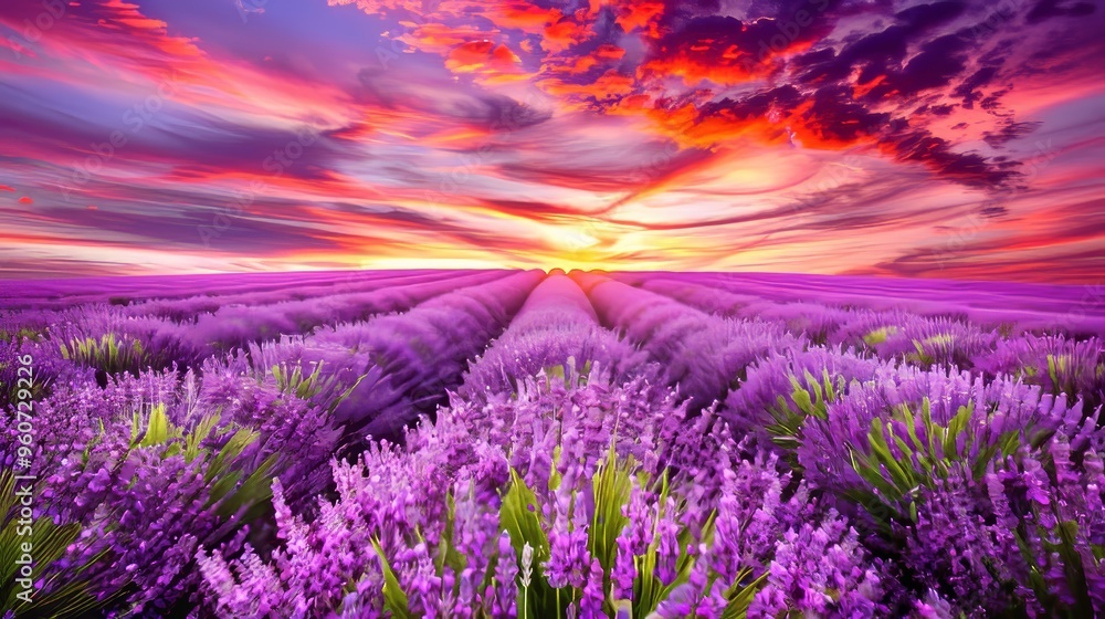 Naklejka premium Breathtaking sunset over a tranquil lavender field with vibrant colors and serenity