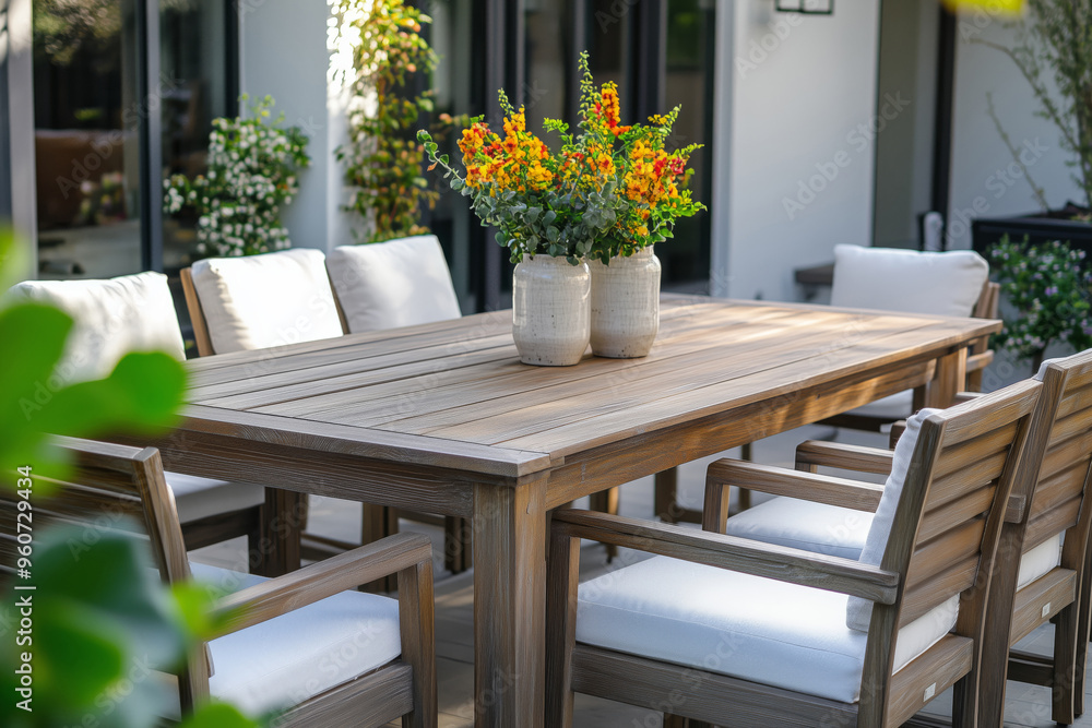 Obraz premium Outdoor dining area with modern wooden furniture in a garden setting