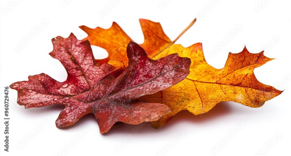 On a white background, fallen oak leaves and maple leaves are isolated On a white background, fallen oak leaves and maple leaves are isolated