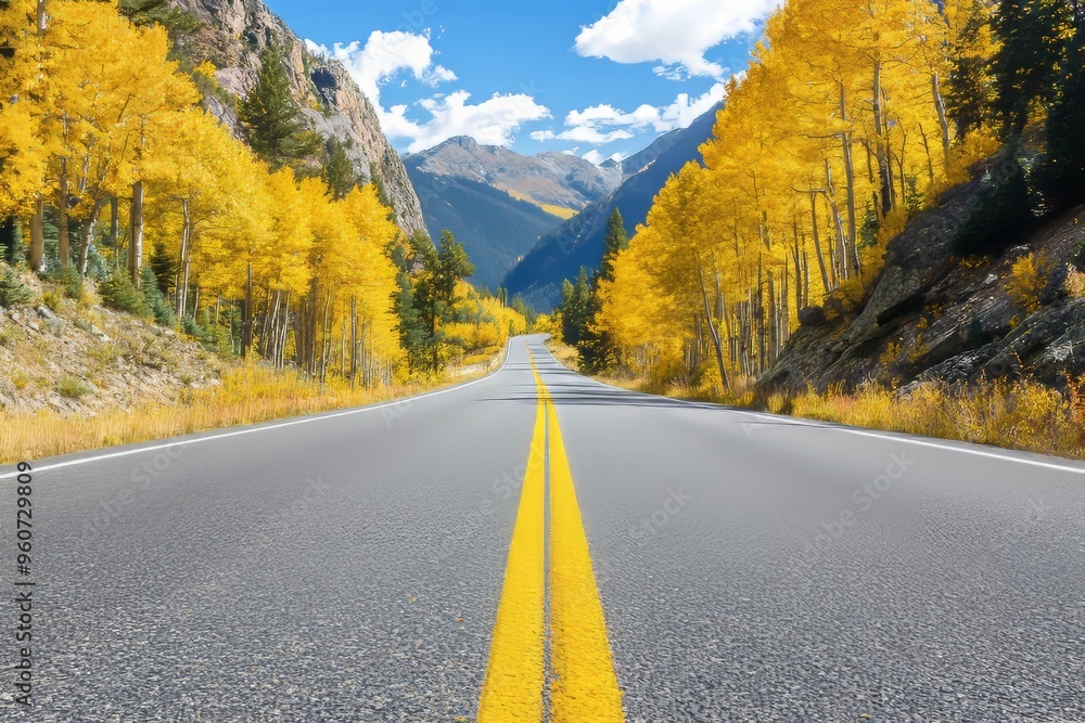 Fototapeta premium An autumn landscape photograph of a road going through a tunnel of golden aspen trees